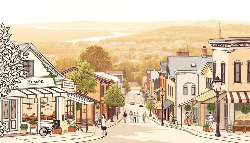 A beautifully illustrated map showcasing the most Instagram-worthy brunch spots in Hudson, captured with a warm, vintage-inspired aesthetic. The foreground features delicate line drawings of distinctive local cafes, their facades adorned with lush greenery and charming details. In the middle ground, a muted color palette of earthy tones highlights the quaint town streets, peppered with pedestrians and parked bicycles. The background depicts a softly blurred panoramic view of the Hudson River and the surrounding hills, bathed in the golden glow of a late morning sun. The overall composition evokes a sense of cozy, community-driven atmosphere, inviting the viewer to explore these picturesque brunch havens. A beautifully illustrated map showcasing the most Instagram-worthy brunch spots in Hudson, captured with a warm, vintage-inspired aesthetic. The foreground features delicate line drawings of distinctive local cafes, their facades adorned with lush greenery and charming details. In the middle ground, a muted color palette of earthy tones highlights the quaint town streets, peppered with pedestrians and parked bicycles. The background depicts a softly blurred panoramic view of the Hudson River and the surrounding hills, bathed in the golden glow of a late morning sun. The overall composition evokes a sense of cozy, community-driven atmosphere, inviting the viewer to explore these picturesque brunch havens.