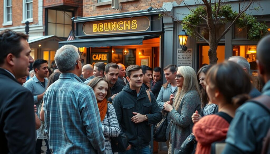 A bustling brunch scene in Beacon, New York. In the foreground, a group of eager diners, their faces alight with anticipation, standing in a neatly organized line outside a popular cafe. The middle ground showcases the cafe's charming exterior, its inviting signage and cozy ambiance drawing in the crowd. In the background, the quaint streets of Beacon, lined with historic buildings and a vibrant community, set the stage for this quintessential weekend tradition. Soft, warm lighting bathes the scene, creating a welcoming atmosphere. A DSLR camera's wide-angle lens captures the dynamic energy, showcasing the insider tips for navigating Beacon's best brunch spots and their notorious wait times.