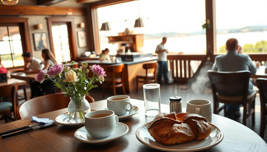 A cozy brunch scene at a quaint Beacon restaurant. The foreground features a well-set table with fresh flowers, artisanal pastries, and steaming cups of coffee. The middle ground showcases the restaurant's warm, inviting ambiance - wooden accents, sunlit windows, and a bustling open kitchen. In the background, a picturesque view of the Hudson River and the iconic Beacon Headlands. The lighting is soft and natural, creating a peaceful, leisurely atmosphere. The scene conveys a sense of community, indulgence, and the perfect weekend respite.