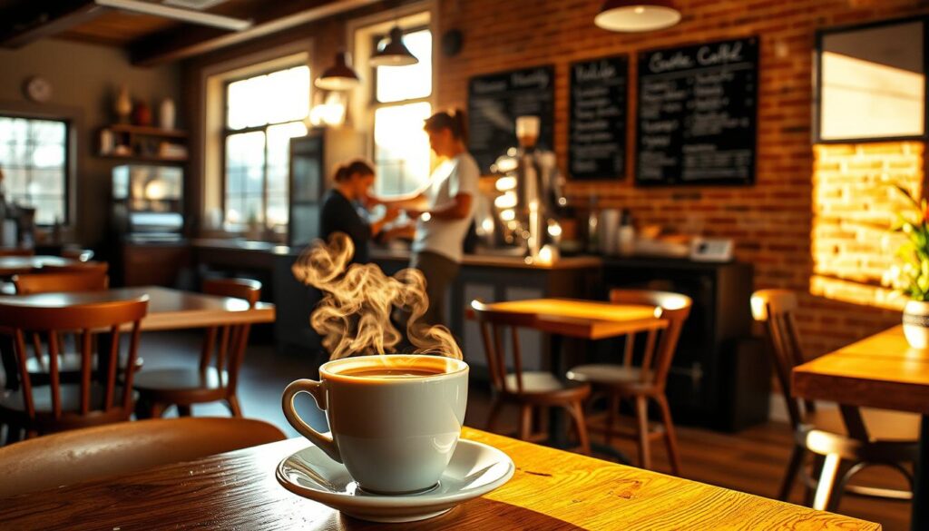 A cozy coffee shop nestled in the heart of the Hudson Valley, bathed in warm, golden morning light. Wooden tables and mismatched chairs create a charming, lived-in ambiance. In the foreground, a steaming cup of artisanal coffee, the rich aroma mingling with the scent of freshly baked pastries. The middle ground features a barista skillfully crafting the perfect espresso drink, their movements captured in a soft, cinematic focus. In the background, a rustic brick wall adorned with vintage chalkboard menus, hinting at the cafe's commitment to quality and attention to detail. The overall scene evokes a sense of community, comfort, and the perfect start to a day in Rhinebeck.