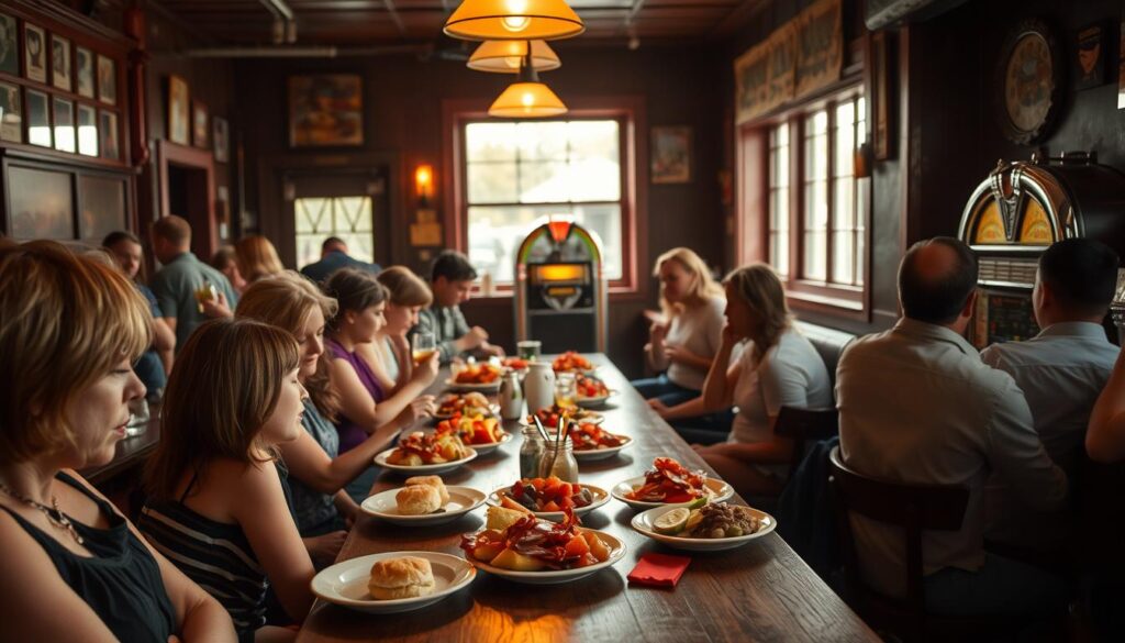 A cozy, dimly-lit diner nestled in the heart of Hudson, New York. A small crowd of locals gathers around a long wooden table, plates piled high with secret menu brunch delights - fluffy homemade biscuits, crisp apple-cured bacon, and a rainbow of fresh seasonal fruits. Soft natural light filters in through weathered windows, casting a warm glow over the scene. The atmosphere is laidback and intimate, a hidden gem that only the savviest of diners know about. In the background, a vintage jukebox croons a familiar tune, complementing the overall sense of nostalgic charm. A cozy, dimly-lit diner nestled in the heart of Hudson, New York. A small crowd of locals gathers around a long wooden table, plates piled high with secret menu brunch delights - fluffy homemade biscuits, crisp apple-cured bacon, and a rainbow of fresh seasonal fruits. Soft natural light filters in through weathered windows, casting a warm glow over the scene. The atmosphere is laidback and intimate, a hidden gem that only the savviest of diners know about. In the background, a vintage jukebox croons a familiar tune, complementing the overall sense of nostalgic charm.