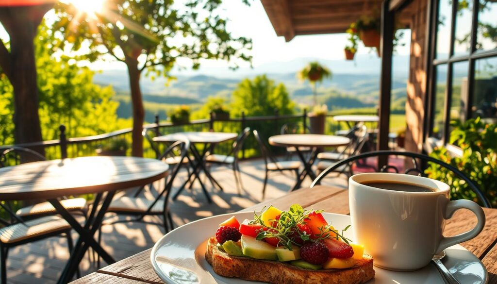 A cozy outdoor cafe nestled in the lush, rolling hills of the Hudson Valley. Sunlight filters through the trees, casting a warm, golden glow over the scene. In the foreground, an artfully plated vegan brunch featuring a vibrant array of seasonal fruits, avocado toast with delicate microgreens, and a steaming cup of fair-trade coffee. The middle ground showcases the charming, rustic-chic decor - reclaimed wood tables, wrought-iron accents, and hanging plants that sway gently in the breeze. The background frames a picturesque view of the surrounding countryside, with distant mountains hazy in the distance. The overall mood is one of relaxation, mindfulness, and an appreciation for simple, wholesome pleasures. A cozy outdoor cafe nestled in the lush, rolling hills of the Hudson Valley. Sunlight filters through the trees, casting a warm, golden glow over the scene. In the foreground, an artfully plated vegan brunch featuring a vibrant array of seasonal fruits, avocado toast with delicate microgreens, and a steaming cup of fair-trade coffee. The middle ground showcases the charming, rustic-chic decor - reclaimed wood tables, wrought-iron accents, and hanging plants that sway gently in the breeze. The background frames a picturesque view of the surrounding countryside, with distant mountains hazy in the distance. The overall mood is one of relaxation, mindfulness, and an appreciation for simple, wholesome pleasures.