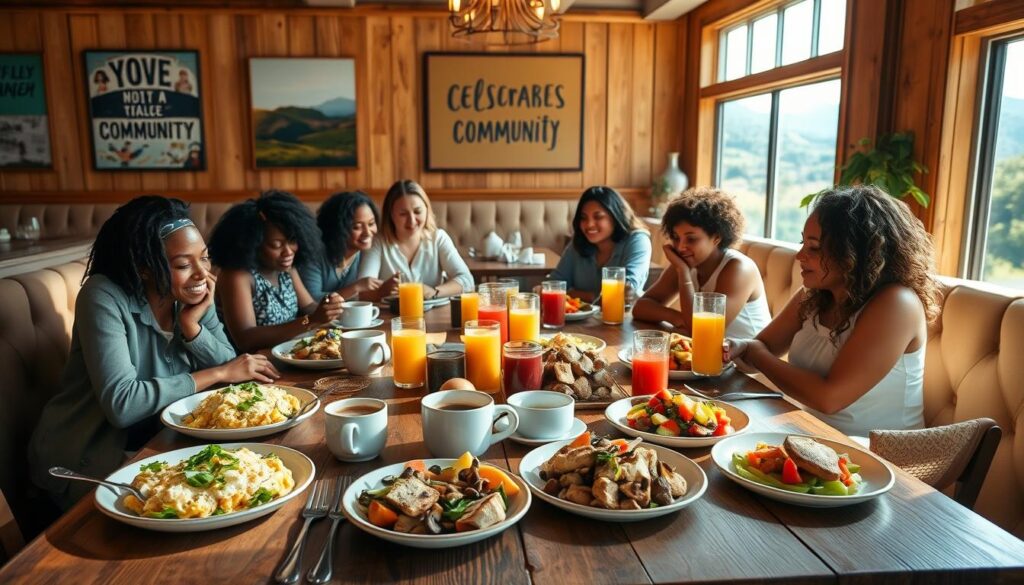 A cozy, sun-dappled brunch scene in a Hudson Valley cafe, with a diverse group of friends gathered around a rustic wooden table. In the foreground, a plant-based feast - heaping plates of fluffy tofu scramble, savory mushroom hash, and colorful fruit salad. Artisanal coffee and fresh-squeezed juices fill the center. The midground features plush banquettes, warm wood tones, and inviting wall art that celebrates the community. Soft natural light filters in through large windows, casting a gentle glow over the relaxed, inclusive atmosphere. The background hints at the scenic Hudson Valley landscape outside, with rolling hills and lush greenery visible through the cafe's windows. A cozy, sun-dappled brunch scene in a Hudson Valley cafe, with a diverse group of friends gathered around a rustic wooden table. In the foreground, a plant-based feast - heaping plates of fluffy tofu scramble, savory mushroom hash, and colorful fruit salad. Artisanal coffee and fresh-squeezed juices fill the center. The midground features plush banquettes, warm wood tones, and inviting wall art that celebrates the community. Soft natural light filters in through large windows, casting a gentle glow over the relaxed, inclusive atmosphere. The background hints at the scenic Hudson Valley landscape outside, with rolling hills and lush greenery visible through the cafe's windows.