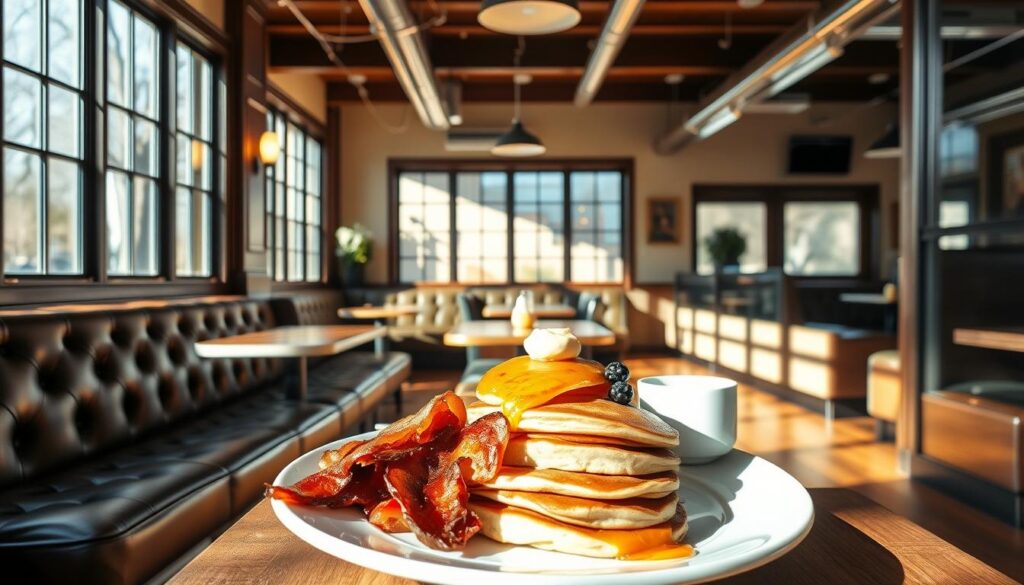 A cozy, sun-dappled interior of a historic Rhinebeck diner with a modern, minimalist aesthetic. Plush tufted leather booths line the warm-toned hardwood floors, complemented by sleek steel accents and large windows that flood the space with natural light. In the foreground, a hearty breakfast spread featuring crisp bacon, fluffy pancakes, and fresh fruit, all artfully arranged on minimalist white dinnerware. The overall atmosphere evokes a seamless blend of vintage charm and contemporary refinement.