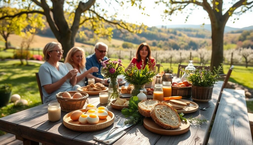 A cozy, sun-dappled outdoor brunch scene in the Hudson Valley during the spring season. A rustic wooden table is set with seasonal fare - fresh eggs, farm-fresh produce, homemade breads, and locally-sourced preserves. Wildflowers and lush greenery adorn the table, complementing the scenic backdrop of rolling hills and orchards in full bloom. Soft natural lighting filters through the tree canopy, casting a warm glow over the idyllic setting. Guests enjoy their meals al fresco, savoring the bounty of the region and the tranquility of the countryside.