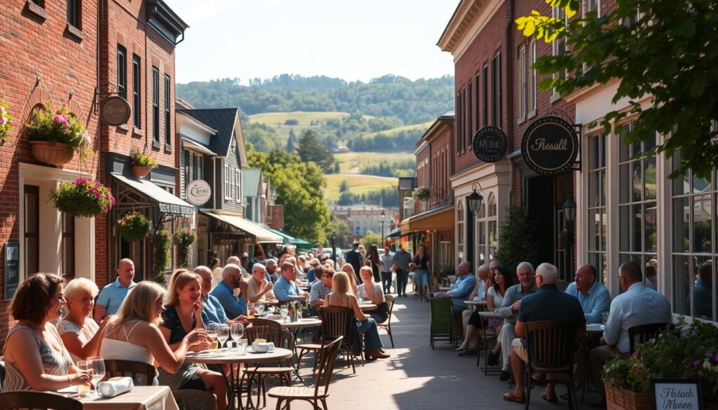 A cozy, sun-dappled street in a charming Hudson Valley town, lined with quaint cafes and local eateries. In the foreground, outdoor tables buzzing with groups of friends enjoying a leisurely brunch, the sound of laughter and clinking glasses. In the middle ground, the facades of historic brick and clapboard buildings, their inviting storefronts adorned with flower boxes and hand-painted signs. In the background, rolling hills and lush greenery, suggesting the tranquil countryside that surrounds this vibrant community. Soft, warm lighting filters through the trees, creating a welcoming ambiance. The scene conveys a sense of small-town character, local pride, and the pleasures of a relaxed weekend gathering. A cozy, sun-dappled street in a charming Hudson Valley town, lined with quaint cafes and local eateries. In the foreground, outdoor tables buzzing with groups of friends enjoying a leisurely brunch, the sound of laughter and clinking glasses. In the middle ground, the facades of historic brick and clapboard buildings, their inviting storefronts adorned with flower boxes and hand-painted signs. In the background, rolling hills and lush greenery, suggesting the tranquil countryside that surrounds this vibrant community. Soft, warm lighting filters through the trees, creating a welcoming ambiance. The scene conveys a sense of small-town character, local pride, and the pleasures of a relaxed weekend gathering.