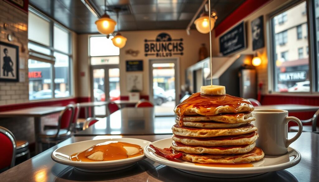 A cozy, well-lit diner interior with warm lighting and a classic retro aesthetic. A counter with shiny chrome accents and stools invites patrons to sit and enjoy a leisurely brunch. In the foreground, a stack of fluffy pancakes, drizzled with maple syrup, sits atop a white ceramic plate, accompanied by crisp bacon and a steaming mug of coffee. The middle ground showcases the diner's vintage-inspired decor, with subway tile walls, a chalkboard menu, and framed black-and-white photographs on the walls. The background features large windows that let in natural light, offering a glimpse of a bustling city street outside, hinting at the diner's vibrant neighborhood setting. A cozy, well-lit diner interior with warm lighting and a classic retro aesthetic. A counter with shiny chrome accents and stools invites patrons to sit and enjoy a leisurely brunch. In the foreground, a stack of fluffy pancakes, drizzled with maple syrup, sits atop a white ceramic plate, accompanied by crisp bacon and a steaming mug of coffee. The middle ground showcases the diner's vintage-inspired decor, with subway tile walls, a chalkboard menu, and framed black-and-white photographs on the walls. The background features large windows that let in natural light, offering a glimpse of a bustling city street outside, hinting at the diner's vibrant neighborhood setting.
