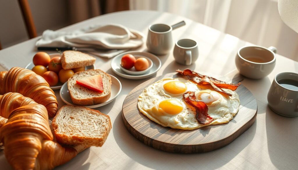 A perfectly arranged flat lay composition of an inviting Hudson brunch spread, captured with a warm, natural lighting using a wide-angle lens. The foreground features an artfully placed collection of flaky croissants, crisp-edged toast, and a glistening assortment of fresh fruit. The middle ground showcases a rustic wooden board laden with fluffy scrambled eggs, sizzling bacon, and a drizzle of maple syrup. In the background, a linen napkin and minimalist ceramics create a clean, sophisticated backdrop, complemented by the soft, diffused sunlight streaming in from a nearby window. The overall mood is one of effortless elegance, capturing the essence of an Instagram-worthy Hudson brunch scene. A perfectly arranged flat lay composition of an inviting Hudson brunch spread, captured with a warm, natural lighting using a wide-angle lens. The foreground features an artfully placed collection of flaky croissants, crisp-edged toast, and a glistening assortment of fresh fruit. The middle ground showcases a rustic wooden board laden with fluffy scrambled eggs, sizzling bacon, and a drizzle of maple syrup. In the background, a linen napkin and minimalist ceramics create a clean, sophisticated backdrop, complemented by the soft, diffused sunlight streaming in from a nearby window. The overall mood is one of effortless elegance, capturing the essence of an Instagram-worthy Hudson brunch scene.