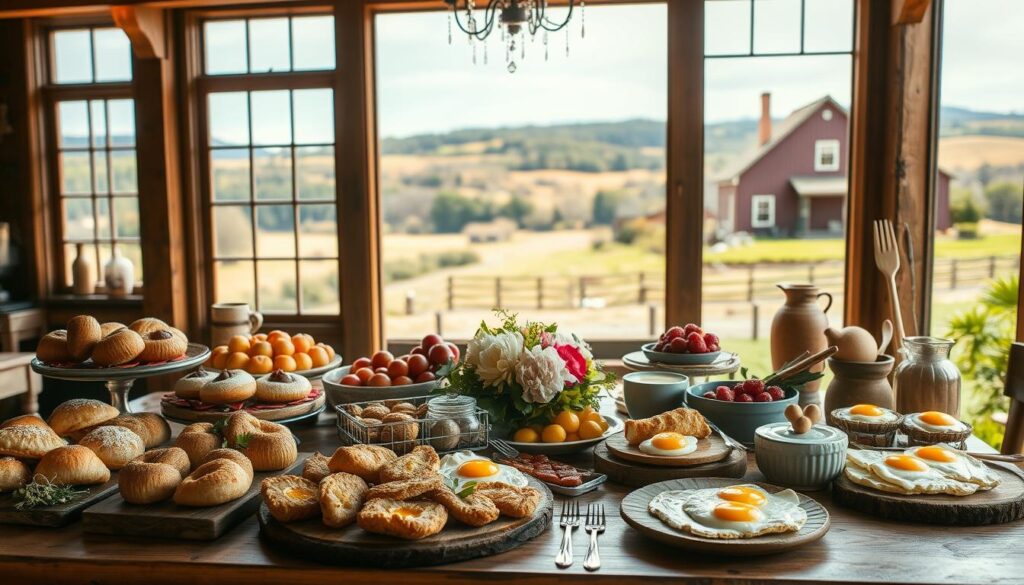 A rustic, farm-inspired spread of seasonal brunch delights set against the backdrop of the picturesque Hudson Valley. In the foreground, a wooden table overflows with artisanal pastries, fresh fruits, and savory egg dishes. Warm light filters through large windows, casting a golden glow on the spread. In the middle ground, a lush seasonal floral arrangement adds a touch of elegance. The background features a scenic vista of rolling hills and a quaint country farmhouse, capturing the essence of the Hudson Valley's natural beauty. The overall mood is one of comfort, abundance, and a celebration of locally sourced, seasonal ingredients. A rustic, farm-inspired spread of seasonal brunch delights set against the backdrop of the picturesque Hudson Valley. In the foreground, a wooden table overflows with artisanal pastries, fresh fruits, and savory egg dishes. Warm light filters through large windows, casting a golden glow on the spread. In the middle ground, a lush seasonal floral arrangement adds a touch of elegance. The background features a scenic vista of rolling hills and a quaint country farmhouse, capturing the essence of the Hudson Valley's natural beauty. The overall mood is one of comfort, abundance, and a celebration of locally sourced, seasonal ingredients.