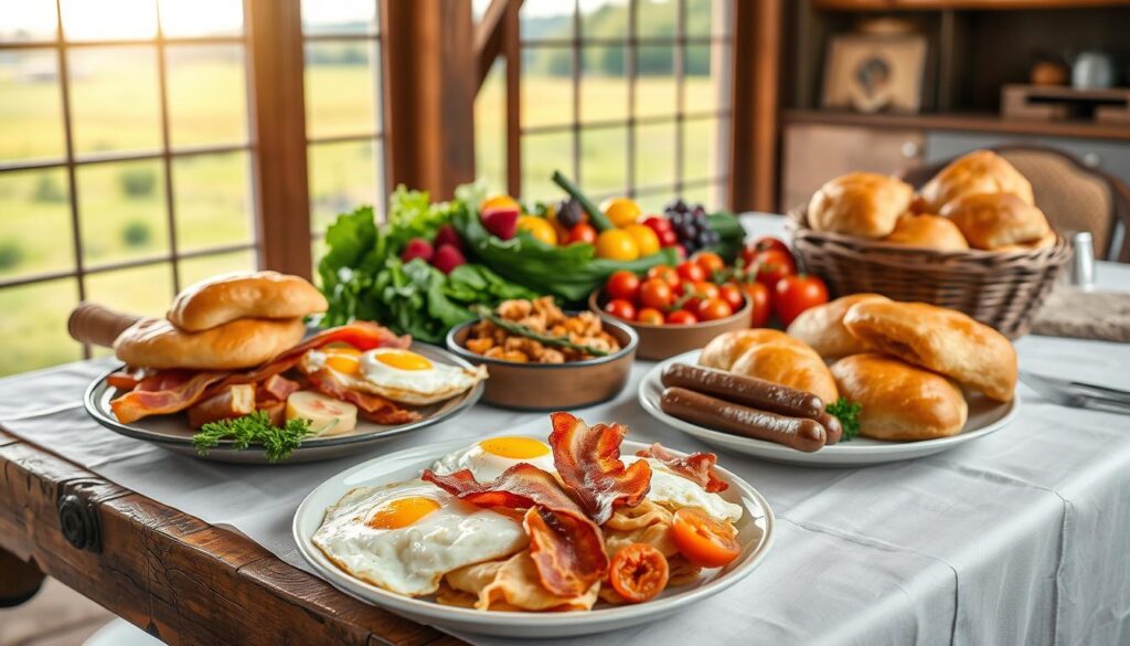 A rustic wooden table overlaid with a crisp white linen tablecloth, adorned with a bountiful farm-to-table brunch spread. In the foreground, a platter overflows with fluffy scrambled eggs, crisp bacon, and savory sausages. Alongside, a basket of warm, freshly baked pastries, their golden crusts glistening. In the middle ground, vibrant hues of fresh fruits and vegetables - juicy berries, crunchy greens, and ripe tomatoes - arranged artfully. In the background, a large window frames a picturesque countryside view, sunlight streaming in and casting a warm, inviting glow. The overall scene exudes a sense of abundance, quality, and the celebration of locally sourced, seasonal ingredients.