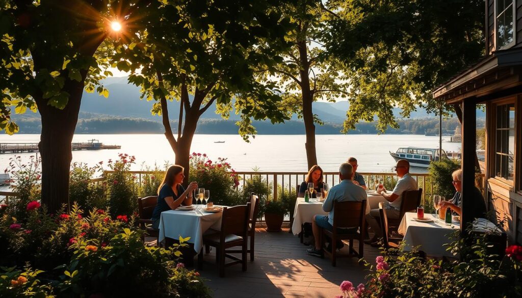 A scenic outdoor dining area nestled along the banks of the Hudson River, with a breathtaking backdrop of the Catskill Mountains. Lush greenery and vibrant flora surround a charming patio, adorned with rustic wooden furniture and crisp white tablecloths. Warm, golden sunlight filters through the leaves, casting a soft, natural glow over the scene. A group of friends enjoy a leisurely brunch, sipping on mimosas and savoring local delicacies while taking in the serene, picturesque view. Tranquil water laps against the shore, and the distant sound of birdsong completes the idyllic, serene atmosphere. A scenic outdoor dining area nestled along the banks of the Hudson River, with a breathtaking backdrop of the Catskill Mountains. Lush greenery and vibrant flora surround a charming patio, adorned with rustic wooden furniture and crisp white tablecloths. Warm, golden sunlight filters through the leaves, casting a soft, natural glow over the scene. A group of friends enjoy a leisurely brunch, sipping on mimosas and savoring local delicacies while taking in the serene, picturesque view. Tranquil water laps against the shore, and the distant sound of birdsong completes the idyllic, serene atmosphere.
