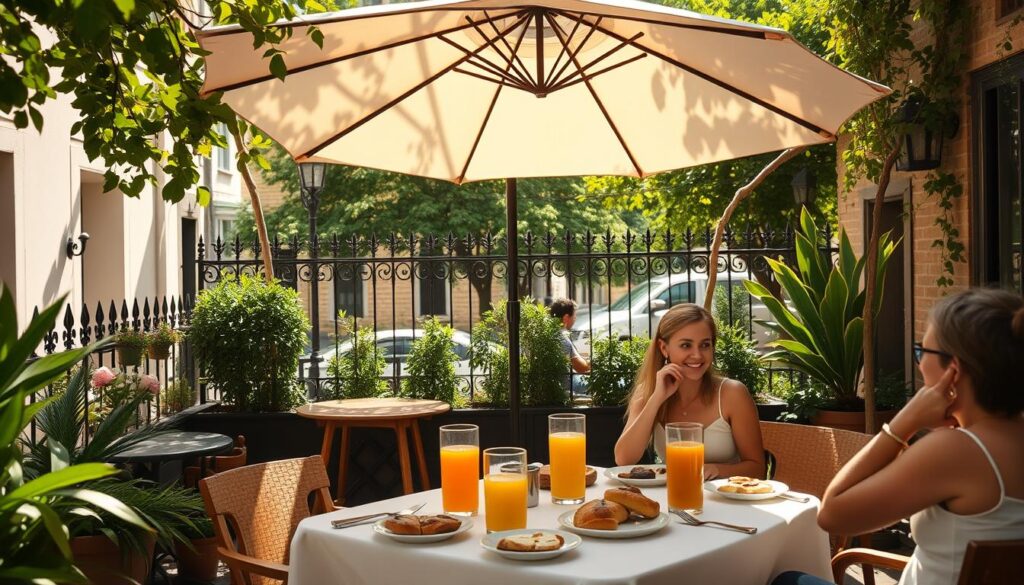 A sun-dappled outdoor cafe terrace, with lush greenery and wooden furniture. In the foreground, a group of friends enjoying brunch at a white-clothed table, vibrant fresh-squeezed juices and artisanal pastries in front of them. The middle ground features a vintage bistro umbrella casting soft shadows, and potted plants lining the perimeter. In the background, a wrought-iron fence partially obscures a quaint tree-lined street. The overall atmosphere is warm, inviting and picturesque, captured with a wide-angle lens and natural lighting to create a sense of idyllic alfresco dining. A sun-dappled outdoor cafe terrace, with lush greenery and wooden furniture. In the foreground, a group of friends enjoying brunch at a white-clothed table, vibrant fresh-squeezed juices and artisanal pastries in front of them. The middle ground features a vintage bistro umbrella casting soft shadows, and potted plants lining the perimeter. In the background, a wrought-iron fence partially obscures a quaint tree-lined street. The overall atmosphere is warm, inviting and picturesque, captured with a wide-angle lens and natural lighting to create a sense of idyllic alfresco dining.