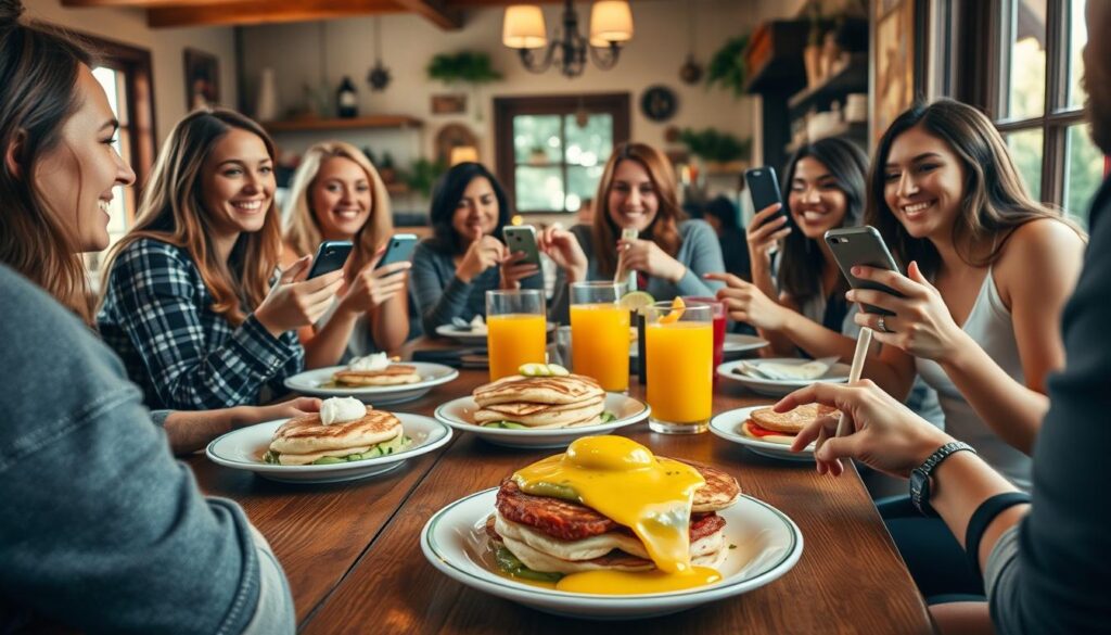 A vibrant brunch scene in the charming town of New Paltz, captured in a social media-ready presentation. In the foreground, a wooden table is set with an array of brunch dishes - fluffy pancakes, avocado toast, and freshly squeezed juices. Mid-ground, a group of friends smile and interact, phones in hand, ready to capture the moment and share it online. The background features the cozy, sun-dappled interior of a local cafe, with its rustic decor and warm, inviting atmosphere. Soft, natural lighting casts a golden glow, enhancing the inviting ambiance. The overall mood is one of conviviality, good food, and the joy of sharing experiences on social media. A vibrant brunch scene in the charming town of New Paltz, captured in a social media-ready presentation. In the foreground, a wooden table is set with an array of brunch dishes - fluffy pancakes, avocado toast, and freshly squeezed juices. Mid-ground, a group of friends smile and interact, phones in hand, ready to capture the moment and share it online. The background features the cozy, sun-dappled interior of a local cafe, with its rustic decor and warm, inviting atmosphere. Soft, natural lighting casts a golden glow, enhancing the inviting ambiance. The overall mood is one of conviviality, good food, and the joy of sharing experiences on social media.