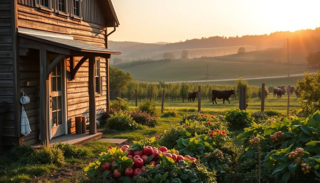 An early morning scene in a quaint Hudson Valley farm. A rustic wooden farmhouse stands in the foreground, its weathered siding and charming porch evoking a timeless pastoral charm. In the middle ground, a lush vegetable garden bursts with ripe produce, its vibrant colors and tangled foliage creating a sense of abundance. Beyond, rolling green hills dotted with apple orchards and grazing cattle stretch out to the horizon, bathed in the soft, golden light of the rising sun. The scene exudes a sense of tranquility and connection to the land, capturing the essence of the farm-to-table movement that has become so integral to the culinary culture of the Hudson Valley. An early morning scene in a quaint Hudson Valley farm. A rustic wooden farmhouse stands in the foreground, its weathered siding and charming porch evoking a timeless pastoral charm. In the middle ground, a lush vegetable garden bursts with ripe produce, its vibrant colors and tangled foliage creating a sense of abundance. Beyond, rolling green hills dotted with apple orchards and grazing cattle stretch out to the horizon, bathed in the soft, golden light of the rising sun. The scene exudes a sense of tranquility and connection to the land, capturing the essence of the farm-to-table movement that has become so integral to the culinary culture of the Hudson Valley.