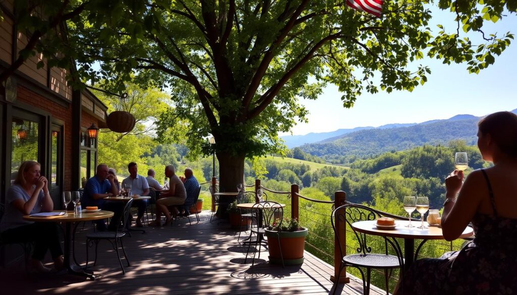 Outdoor Brunch Hudson Valley: A sun-dappled scene at a charming café nestled in the rolling hills of the Hudson Valley. A rustic wooden patio overlooks a lush, verdant landscape, with a smattering of elegant bistro tables and wrought-iron chairs. Patrons sip on mimosas and savor farm-fresh omelets, while a gentle breeze carries the aroma of freshly brewed coffee. The soft natural light filters through the leafy canopy, creating a warm, inviting atmosphere. In the distance, the silhouettes of the Catskill Mountains stand tall against a clear, azure sky. This serene oasis, a perfect setting for an indulgent al fresco brunch experience. Outdoor Brunch Hudson Valley: A sun-dappled scene at a charming café nestled in the rolling hills of the Hudson Valley. A rustic wooden patio overlooks a lush, verdant landscape, with a smattering of elegant bistro tables and wrought-iron chairs. Patrons sip on mimosas and savor farm-fresh omelets, while a gentle breeze carries the aroma of freshly brewed coffee. The soft natural light filters through the leafy canopy, creating a warm, inviting atmosphere. In the distance, the silhouettes of the Catskill Mountains stand tall against a clear, azure sky. This serene oasis, a perfect setting for an indulgent al fresco brunch experience.