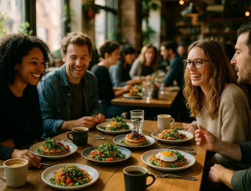 Affordable brunch options with coffee, eggs, toast, and shared plates on a cafe table