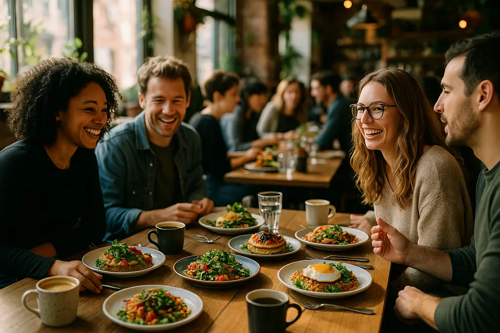 Affordable brunch options with coffee, eggs, toast, and shared plates on a cafe table