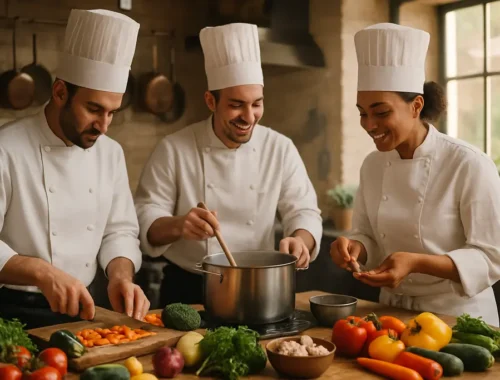 Chefs For Families meal prep with vegetables, sauces, and family-style dishes on a kitchen counter
