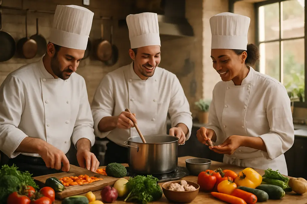 Chefs For Families meal prep with vegetables, sauces, and family-style dishes on a kitchen counter