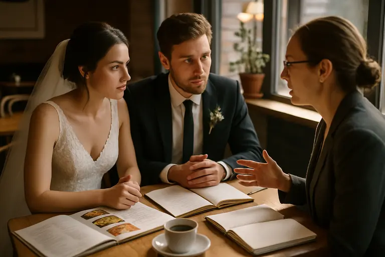 Couple reviewing a printed catering menu with a chef at a dining table