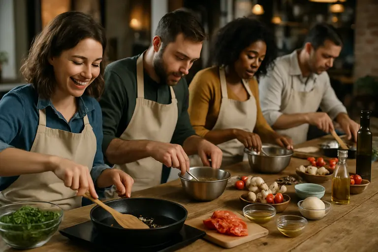 Family table set with prepared meals and simple side dishes