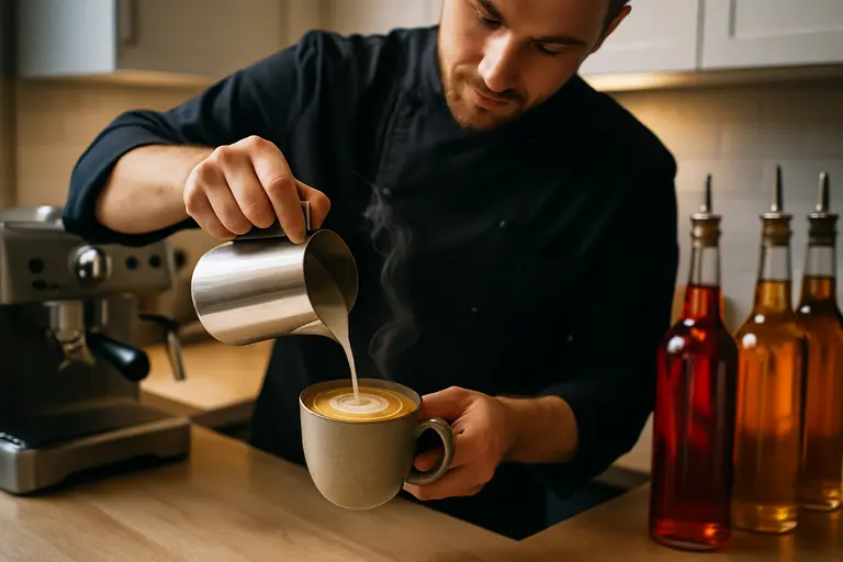 Fresh coffee poured near dessert plates after a private dinner