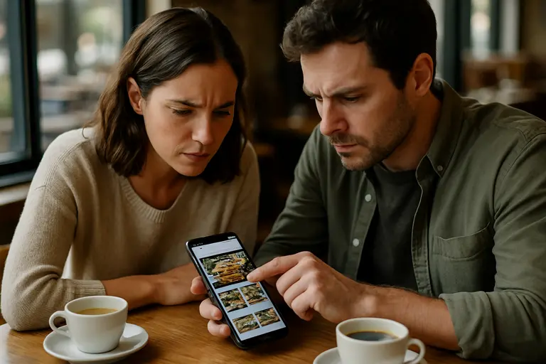 Friends looking over a brunch menu before ordering at a restaurant table