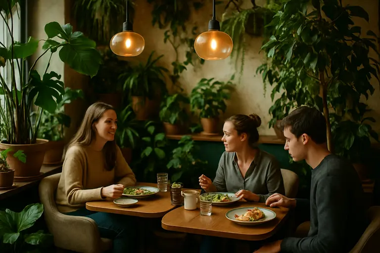 Indoor market café seating near produce stands and warm lighting