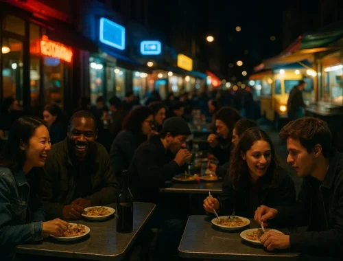 Late-Night Dining Growth scene with a softly lit restaurant table after dark
