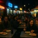 Late-Night Dining Growth scene with a softly lit restaurant table after dark