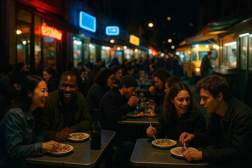 Late-Night Dining Growth scene with a softly lit restaurant table after dark