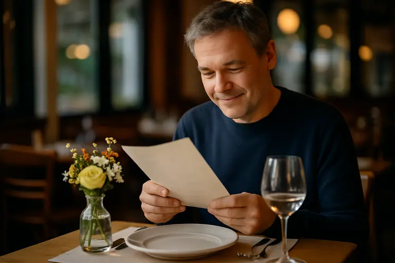Open menu beside a cup of coffee at a small restaurant table for one guest
