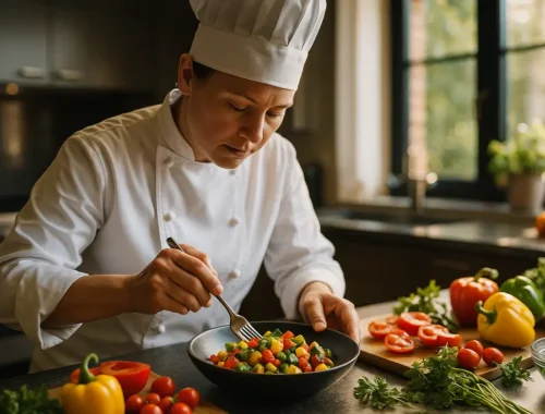 Personal Chef plating dinner courses in a warm home kitchen