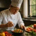Personal Chef plating dinner courses in a warm home kitchen