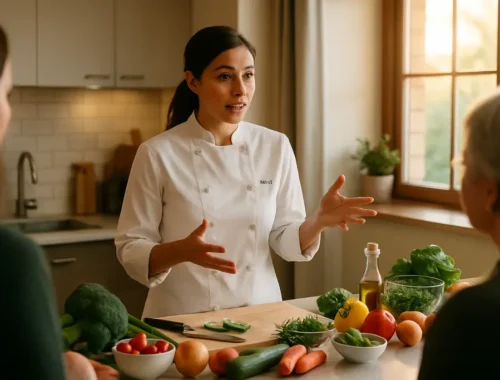 Personal Chef Ana meal prep containers with salmon, chicken, and vegetables on a kitchen counter