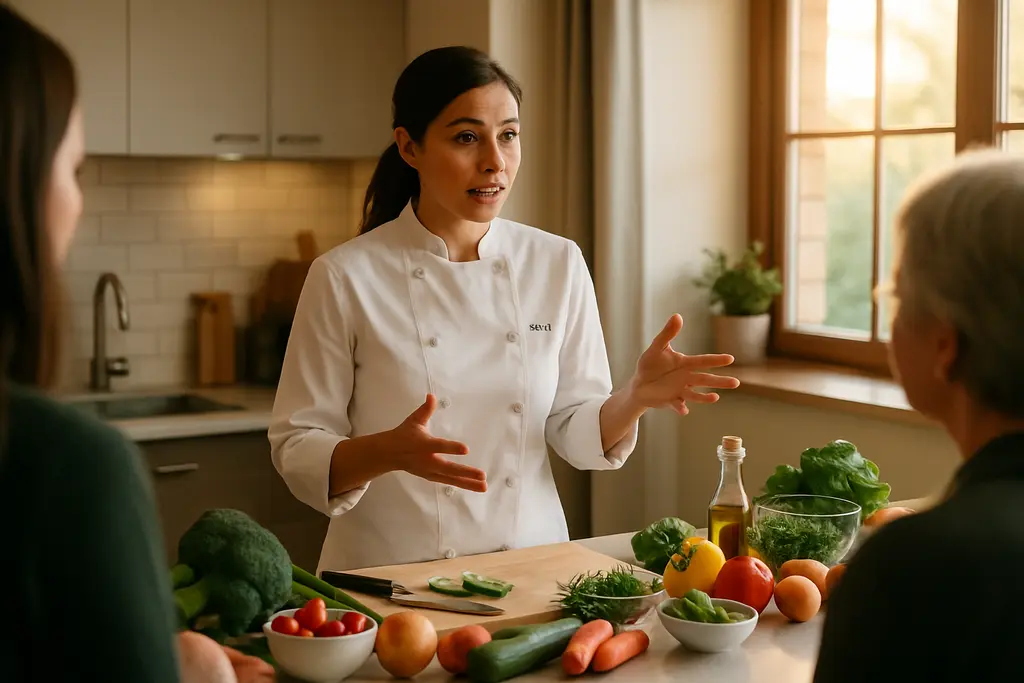 Personal Chef Ana meal prep containers with salmon, chicken, and vegetables on a kitchen counter