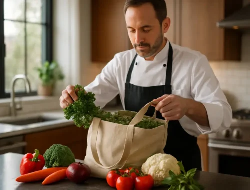 personal chef costs planning sheet beside coffee and plated dinner ingredients