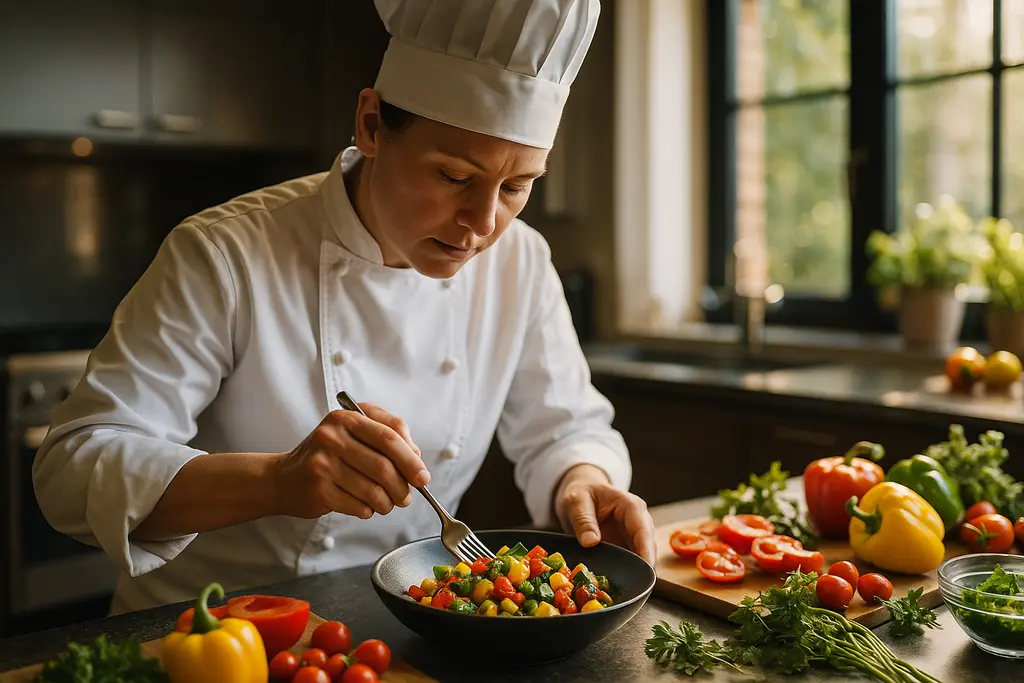 Personal Chef plating dinner courses in a warm home kitchen
