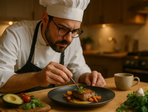 Private Chef Services setup with plated dinner and coffee cups on a home table