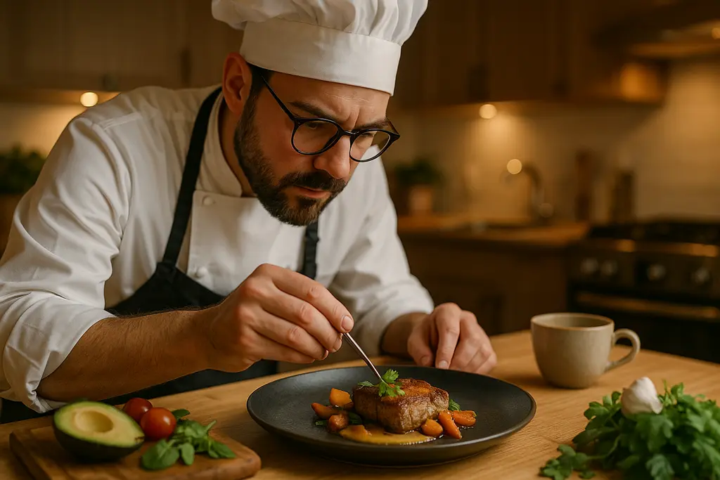 Private Chef Services setup with plated dinner and coffee cups on a home table