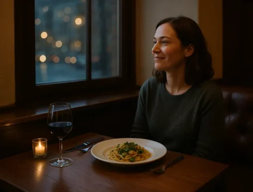 solo dining place setting at a quiet restaurant counter with coffee and a menu