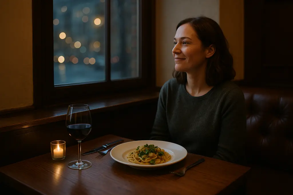 solo dining place setting at a quiet restaurant counter with coffee and a menu