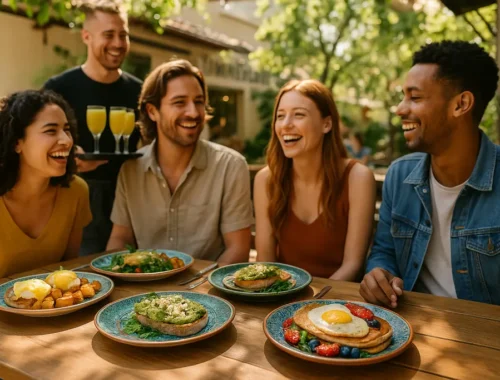 Summerland Café brunch table with coffee, pancakes, and fruit in a sunny market café