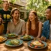 Summerland Café brunch table with coffee, pancakes, and fruit in a sunny market café