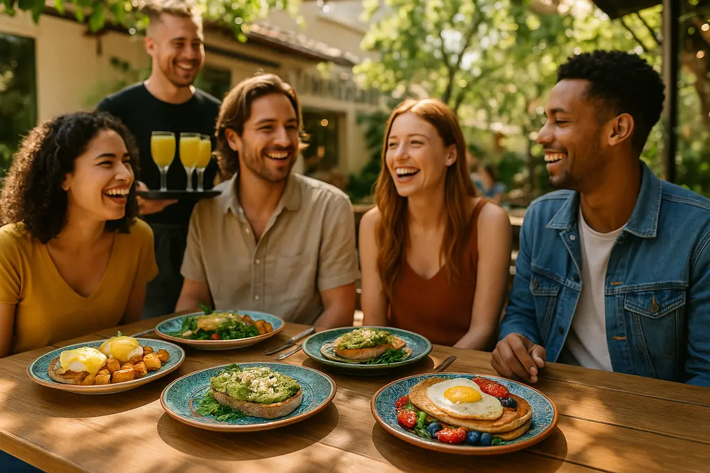 Summerland Café brunch table with coffee, pancakes, and fruit in a sunny market café