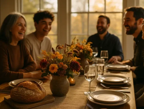 Trendy table designs in a warm Hudson Valley dining room set for dinner