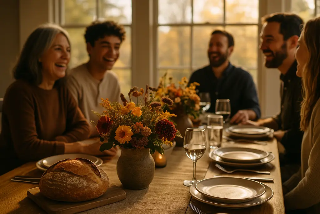 Trendy table designs in a warm Hudson Valley dining room set for dinner