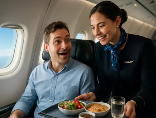 United inflight dining tray with plated entrée, mug of coffee, and cabin window