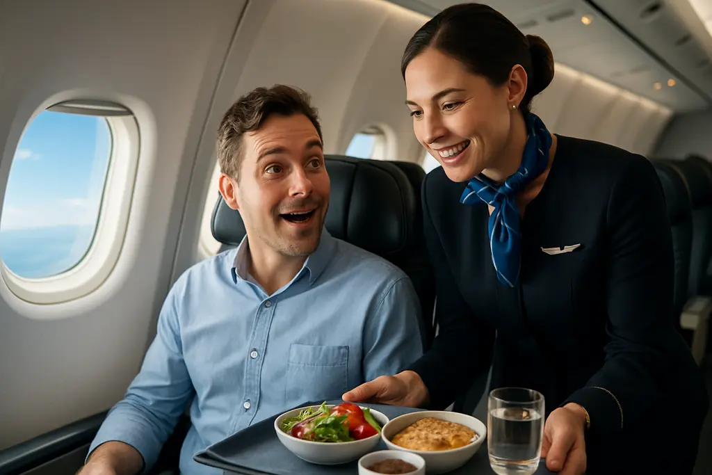 United inflight dining tray with plated entrée, mug of coffee, and cabin window