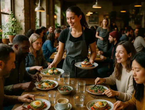 value brunch trends shown through coffee, small plates, and a sunny cafe table